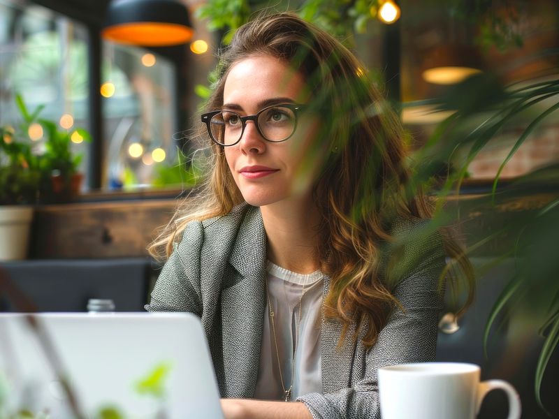 A woman with glasses working on a laptop in a café
